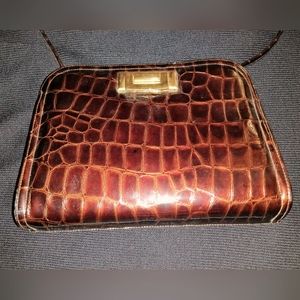 Rangoni Brown Croc Embossed Patent Leather Handbag